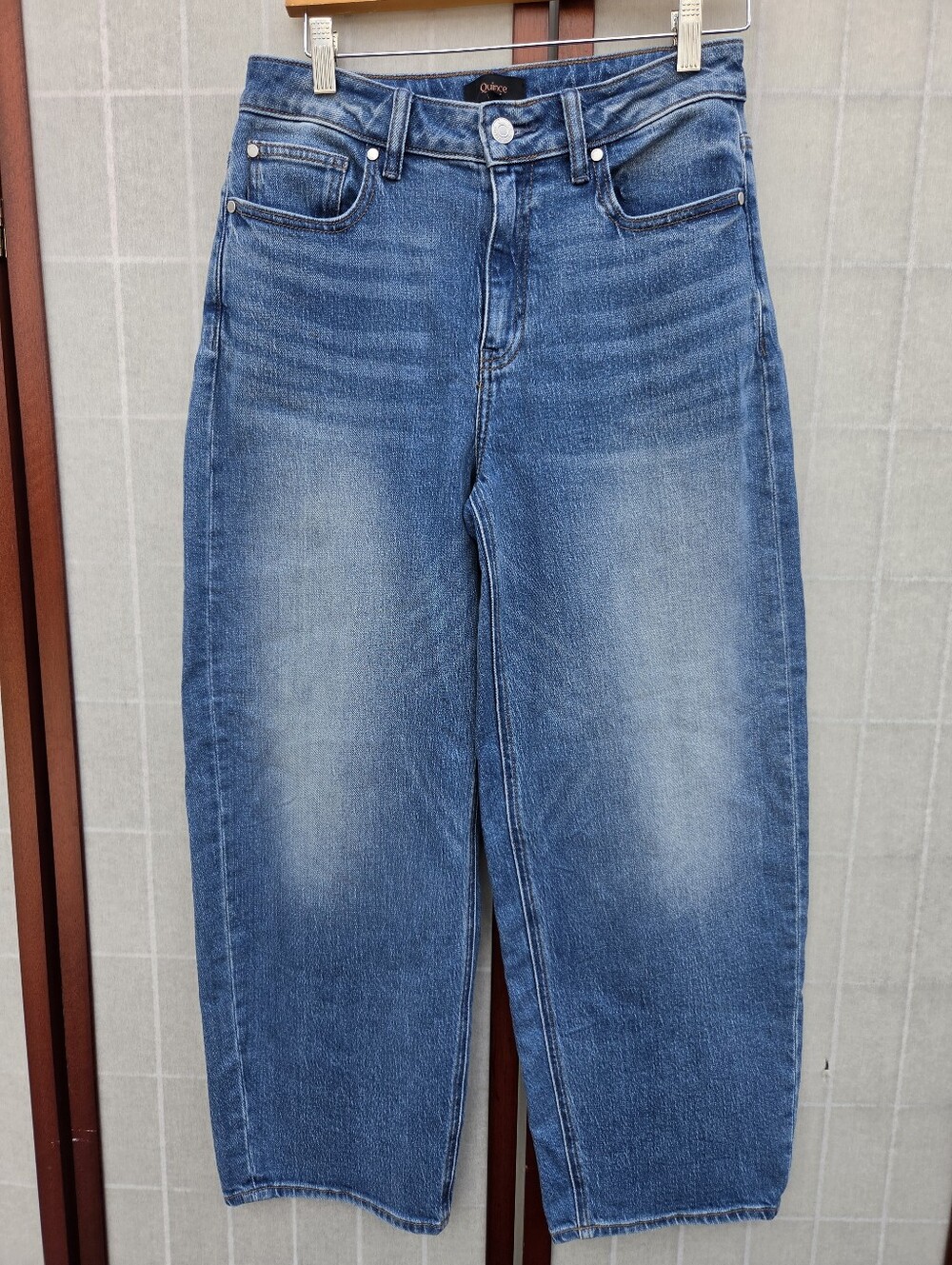 Quince Bella Stretch Barrel Jeans Atlantic Blue High Rise Tapered Wide Leg Sz 28